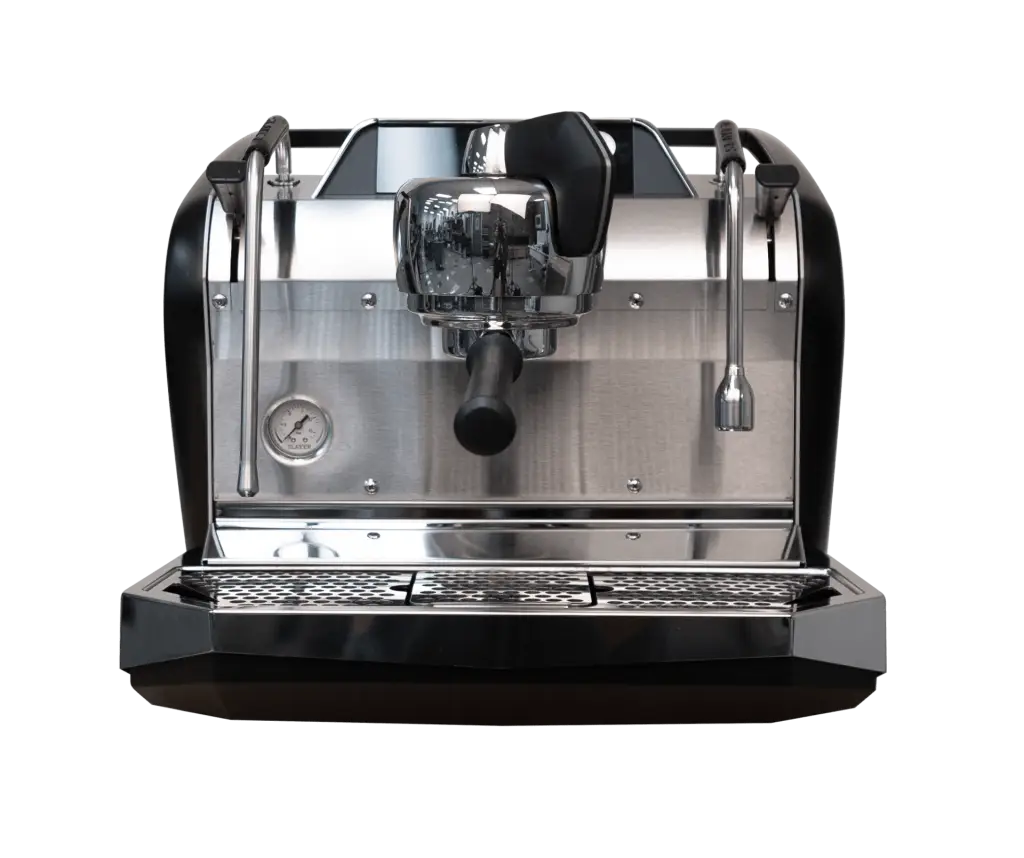 Slayer Steam Single Espressomaschine aus Edelstahl mit zentralem Brühkopf, seitlicher Dampflanze und Heißwasserlanze, Manometer sowie eleganter schwarzer Verkleidung und Abtropfschale
